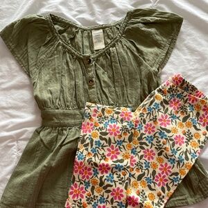 Olive green cap sleeve Henley with floral leggings girl size 7/8